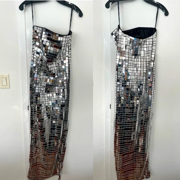 RETROFÊTE Imani Disco Ball Silver Metallic NYE New Year’s Eve Evening Gown Small